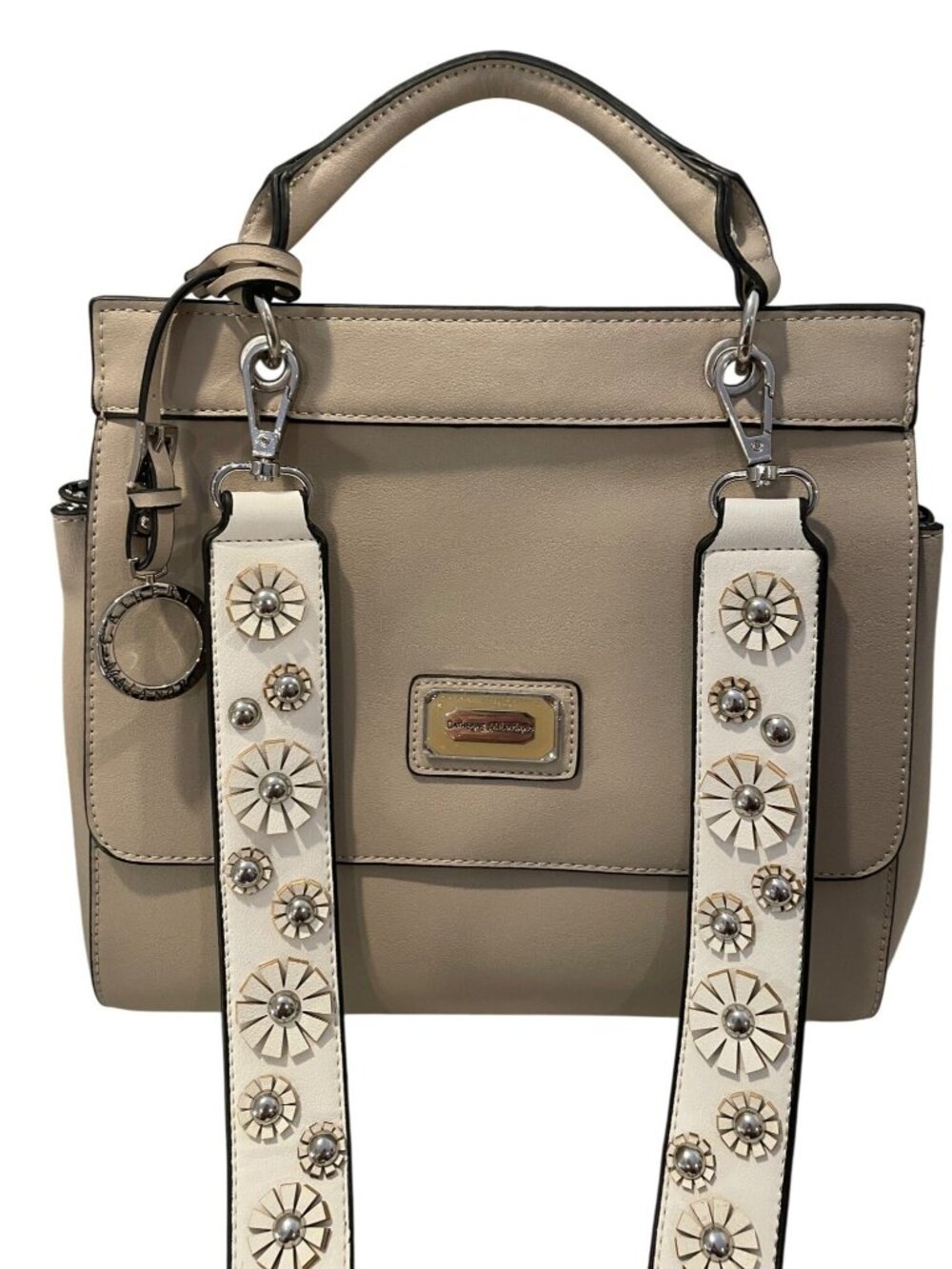 Catherine Malandrino Beige Faux Leather Handbag With Embellished Detachable Stra